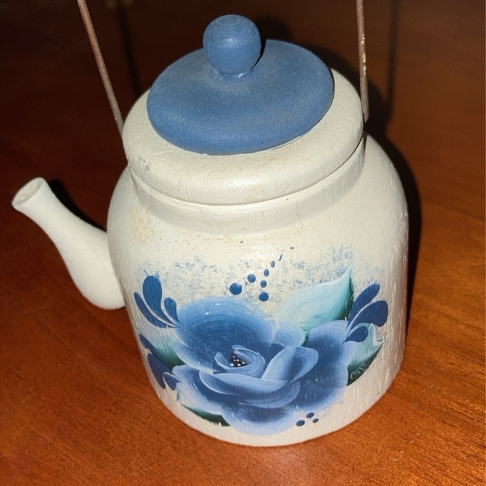 Hand-Painted Blue Floral Teapot Art